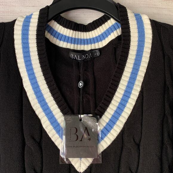 Balboa Fashion Cable Knit Tennis Sweater Black Blue Striped Crop With Tag Size L - Picture 9 of 16